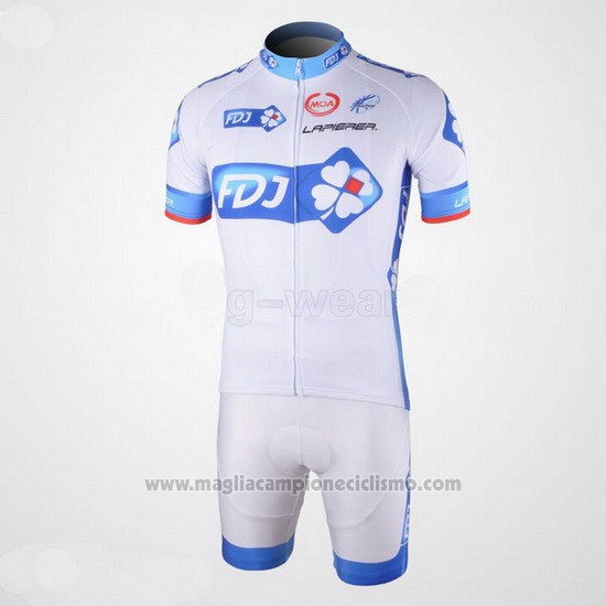 2010 Abbigliamento Ciclismo FDJ Bianco e Azzurro Manica Corta e Salopette
